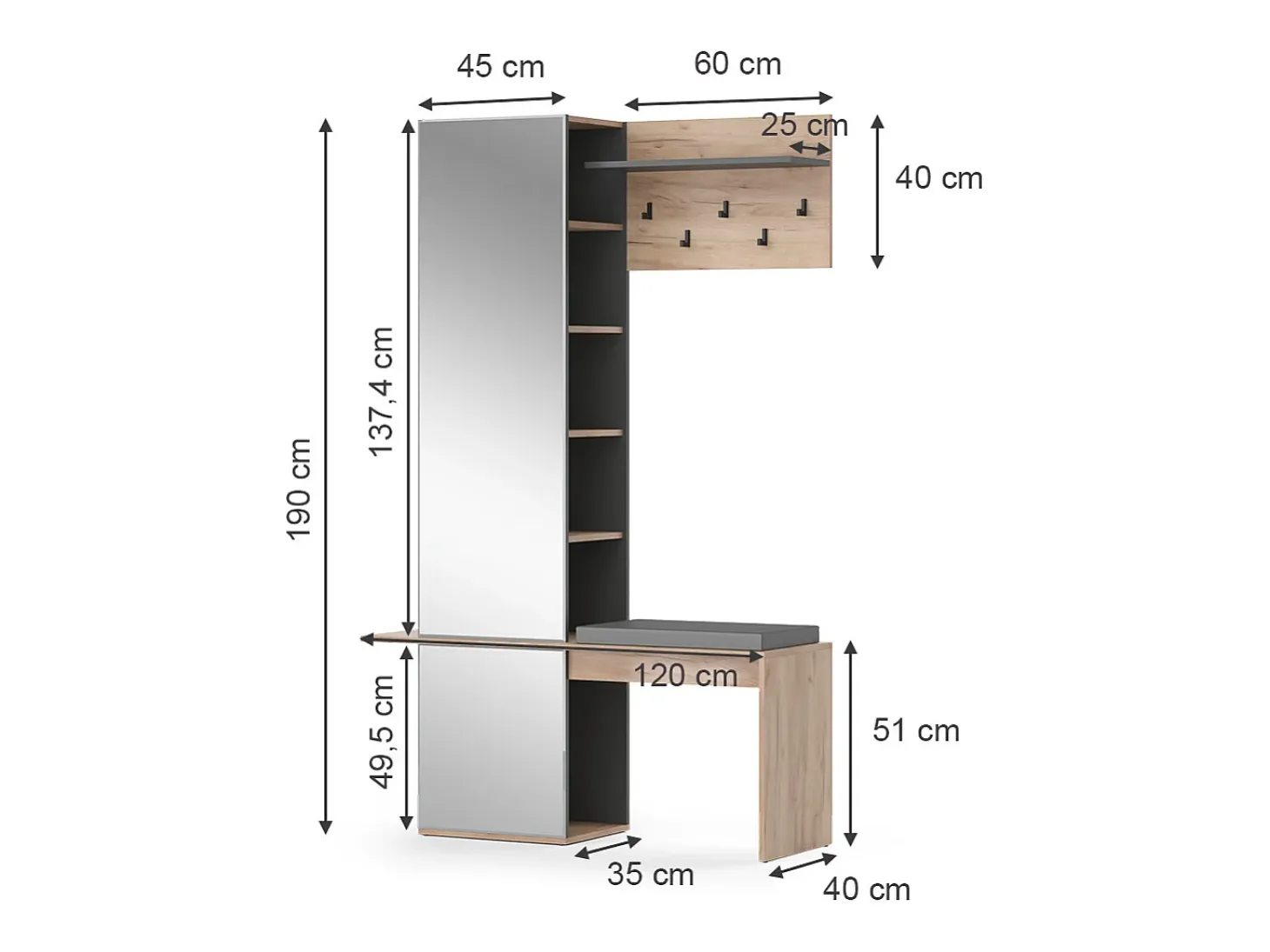 Perchero roble dorado 120x40x190 adeline