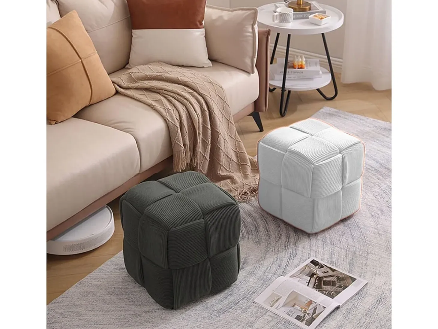 Puf Courdoruy diseño cuadrado blanco 41x45x45 cm Adec