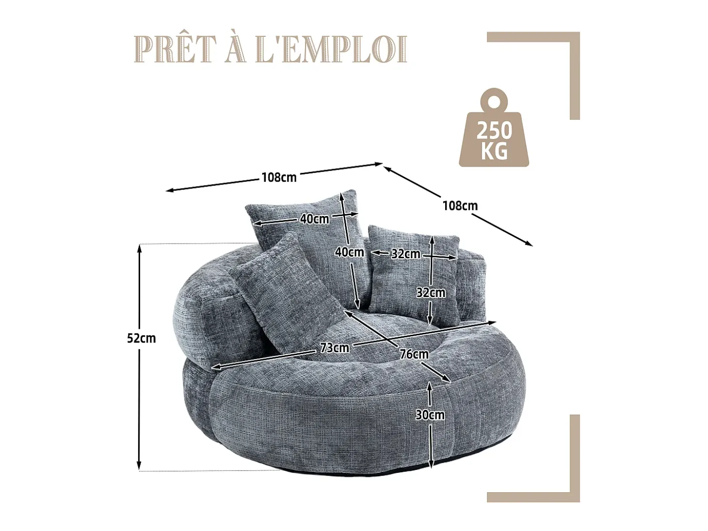 Puf Sillón Alto Gris - Modelo Grande - Incluye 3 Cojines - Ultra Suave y Multiusos - para Adultos y Niños