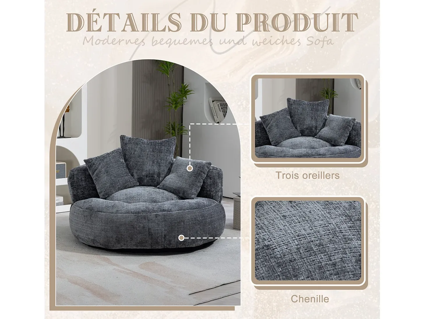 Puf Sillón Alto Gris - Modelo Grande - Incluye 3 Cojines - Ultra Suave y Multiusos - para Adultos y Niños