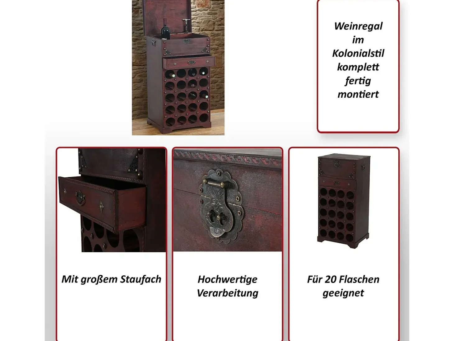 Ródano botellero 20 botellas cajón, Estantería para vinos Calvados Estantería de madera estilo colonial, para 20 botellas, con cajón