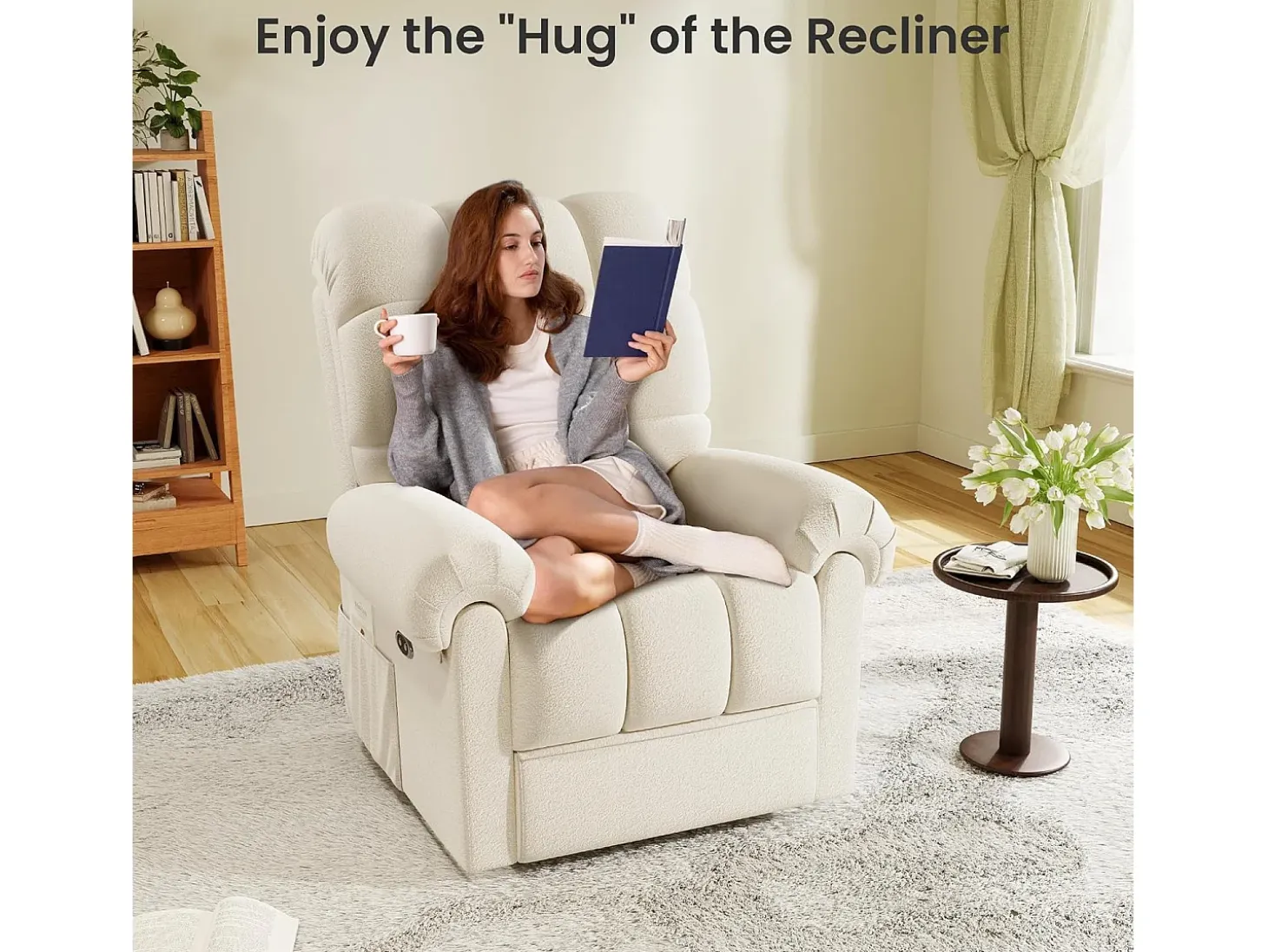 Relájate sillón de terciopelo eléctrico de teddy, silla de ocio ajustable con USB, anti -estatal con reposapiés - 96x97x104cm beige