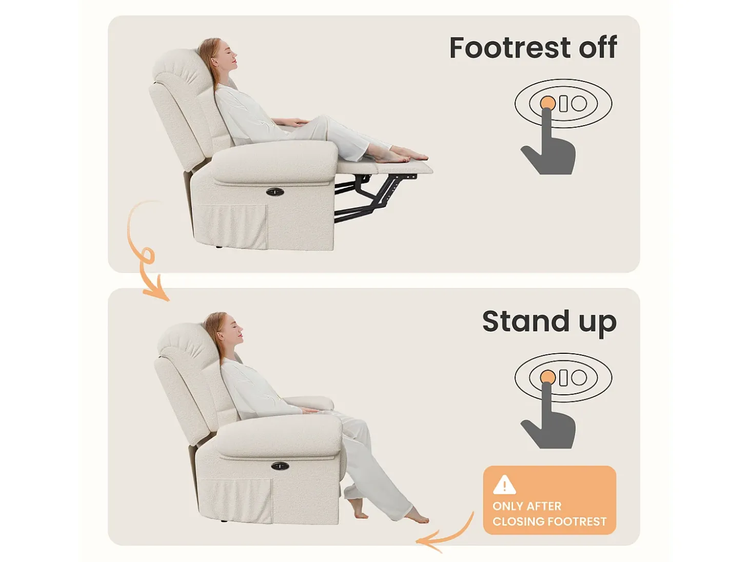 Relájate sillón de terciopelo eléctrico de teddy, silla de ocio ajustable con USB, anti -estatal con reposapiés - 96x97x104cm beige