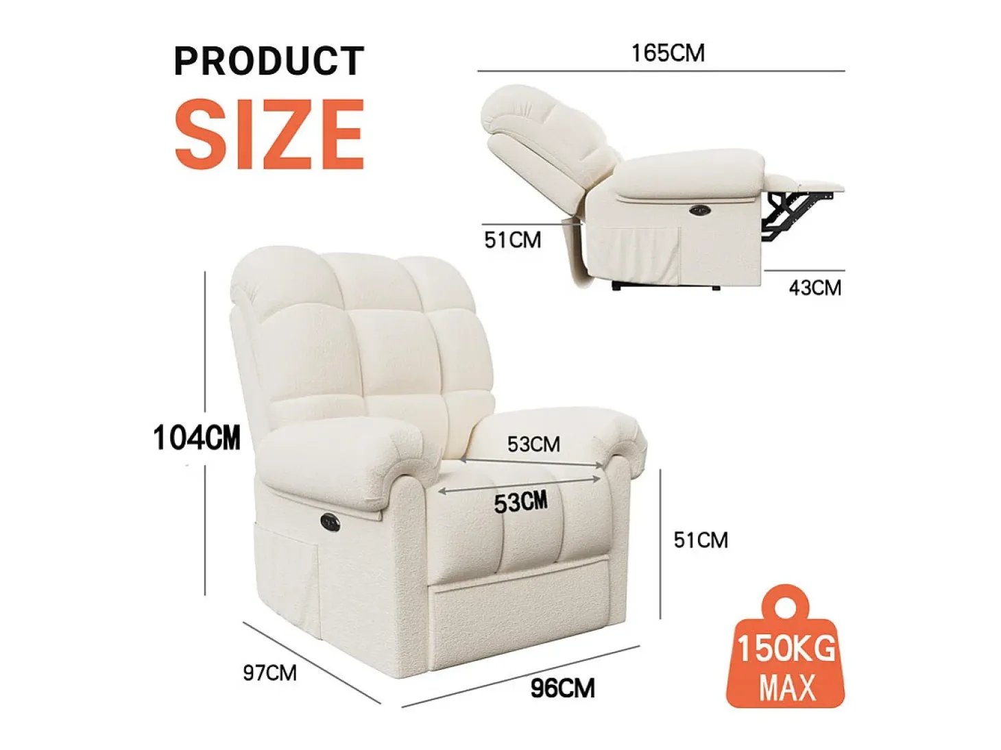 Relájate sillón de terciopelo eléctrico de teddy, silla de ocio ajustable con USB, anti -estatal con reposapiés - 96x97x104cm beige