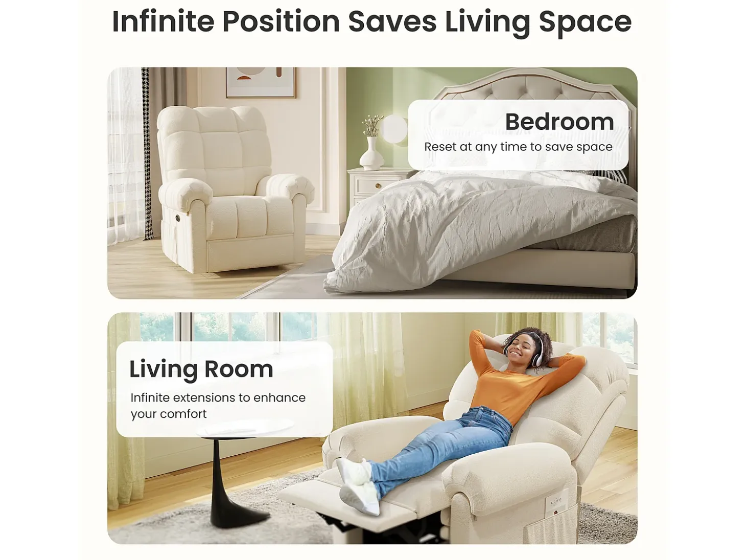 Relájate sillón de terciopelo eléctrico de teddy, silla de ocio ajustable con USB, anti -estatal con reposapiés - 96x97x104cm beige