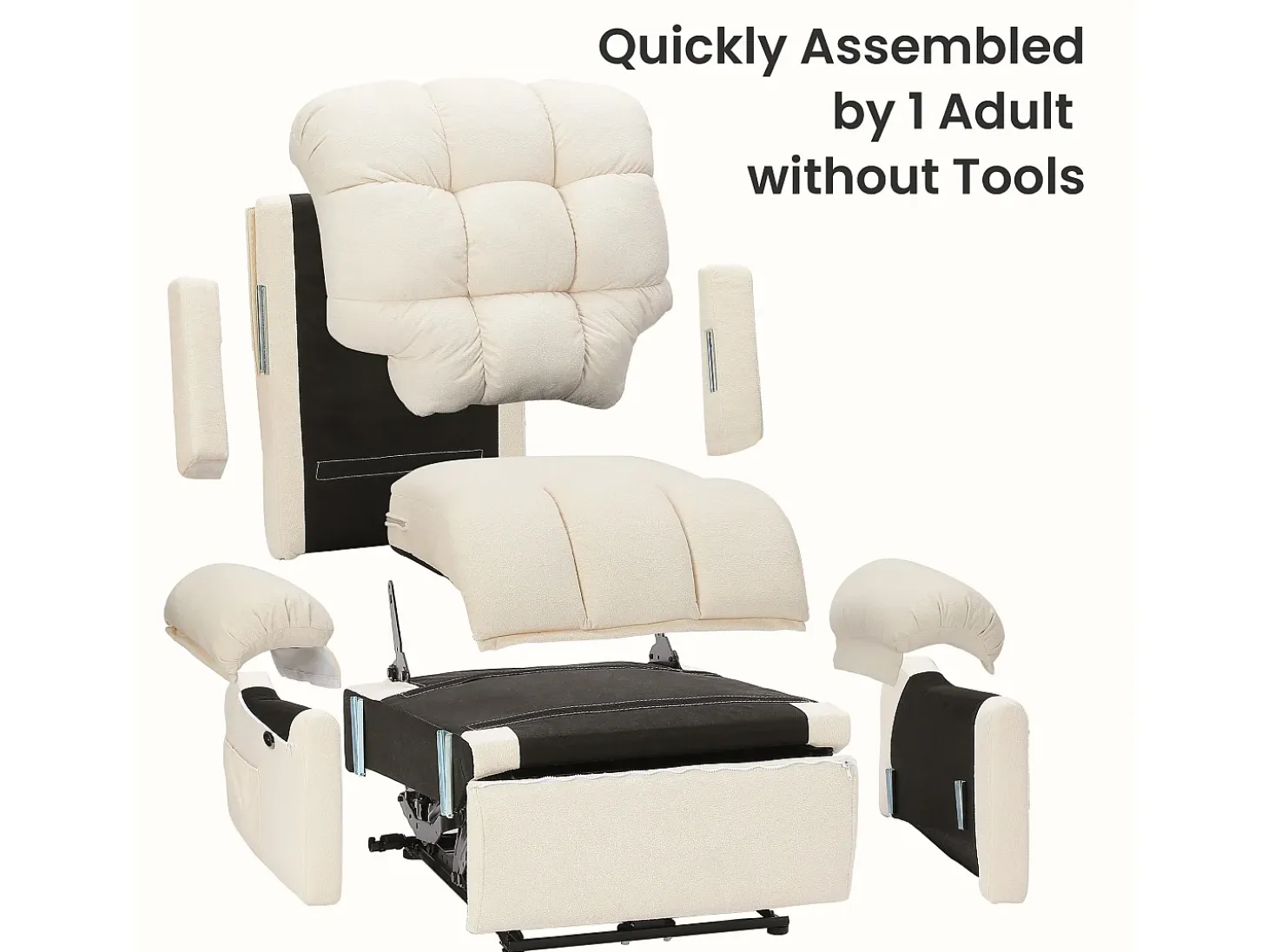 Relájate sillón de terciopelo eléctrico de teddy, silla de ocio ajustable con USB, anti -estatal con reposapiés - 96x97x104cm beige