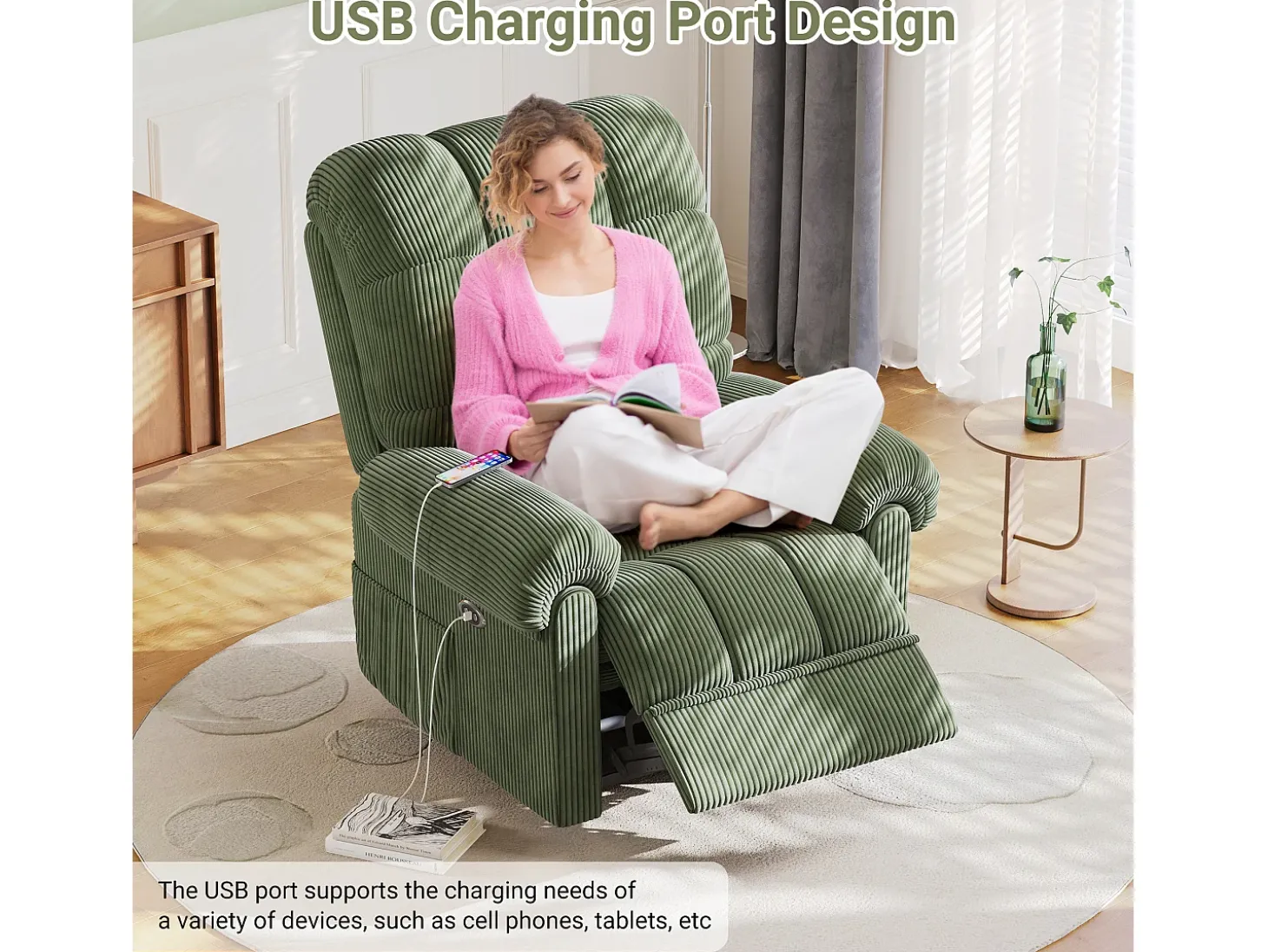 Relájate sillón de terciopelo eléctrico de sillón, silla de ocio ajustable con USB, respaldo ajustable, antiestático con reposapiés - 96x97x104cm verde