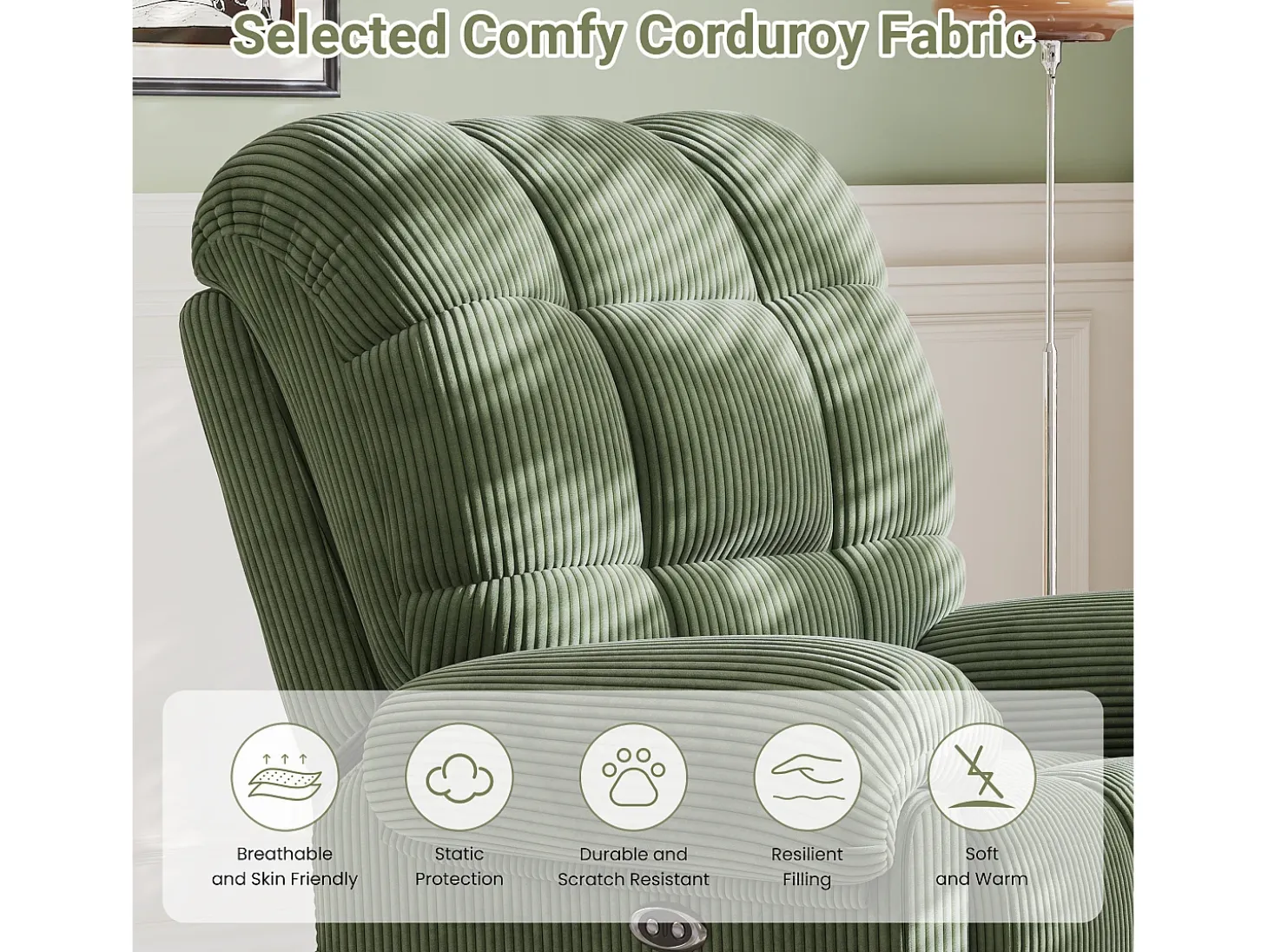 Relájate sillón de terciopelo eléctrico de sillón, silla de ocio ajustable con USB, respaldo ajustable, antiestático con reposapiés - 96x97x104cm verde