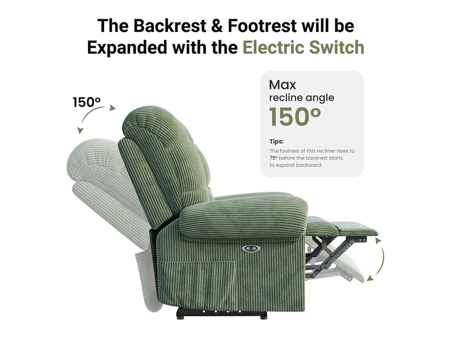 Relájate sillón de terciopelo eléctrico de sillón, silla de ocio ajustable con USB, respaldo ajustable, antiestático con reposapiés - 96x97x104cm verde