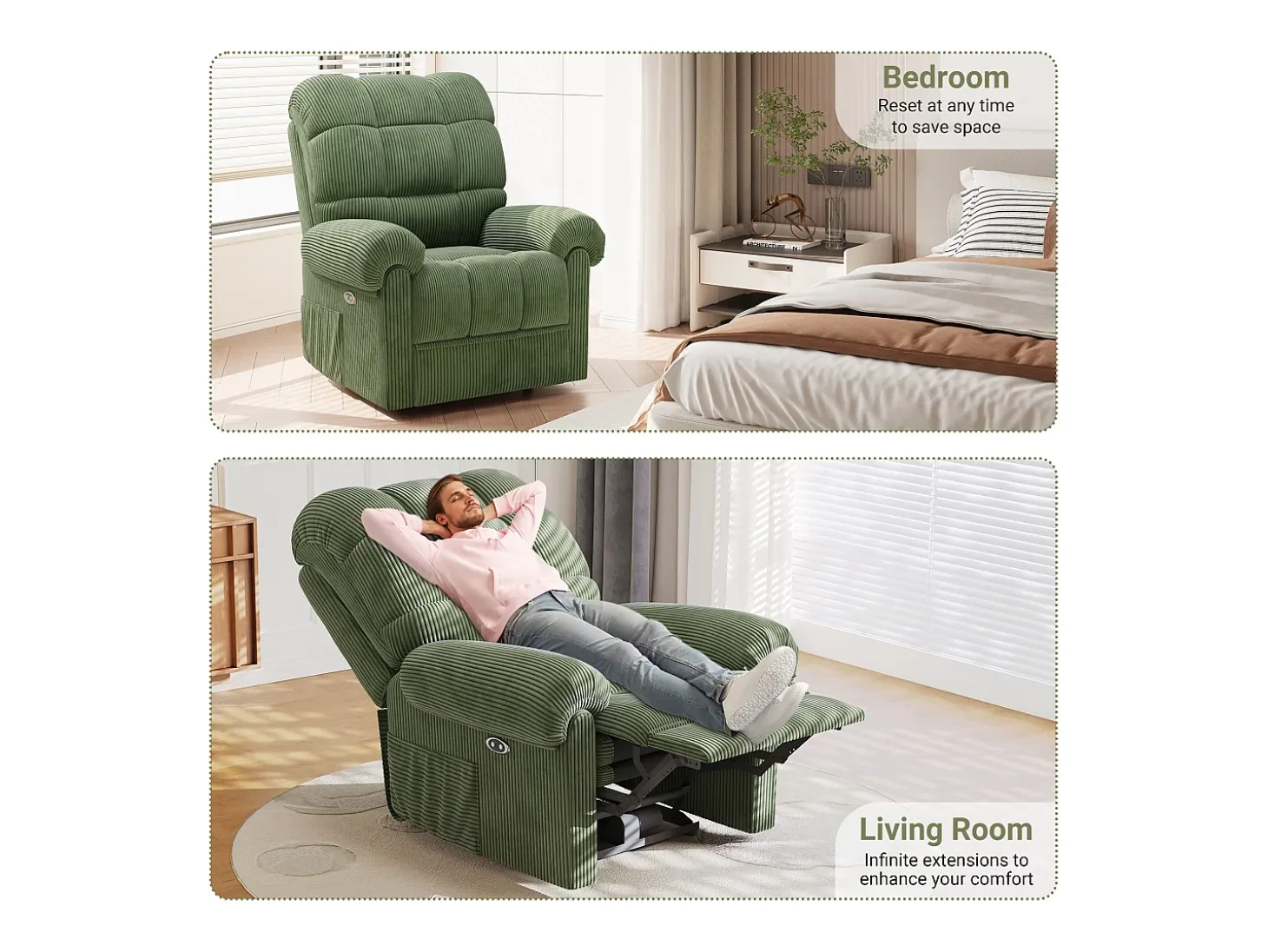 Relájate sillón de terciopelo eléctrico de sillón, silla de ocio ajustable con USB, respaldo ajustable, antiestático con reposapiés - 96x97x104cm verde