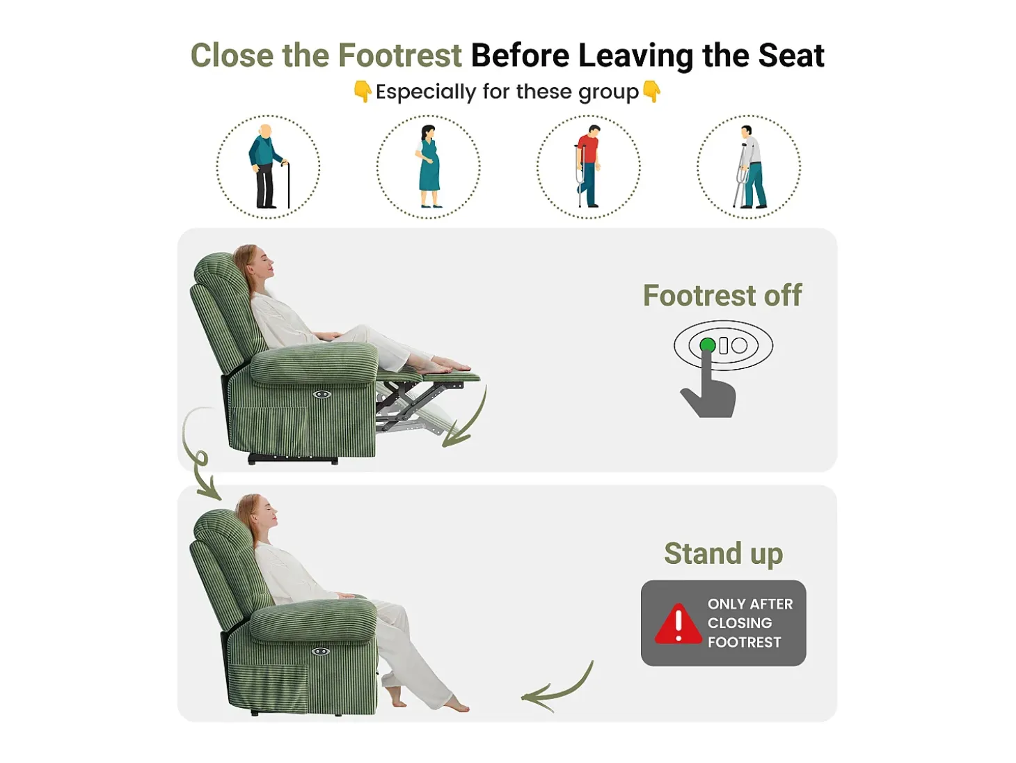 Relájate sillón de terciopelo eléctrico de sillón, silla de ocio ajustable con USB, respaldo ajustable, antiestático con reposapiés - 96x97x104cm verde