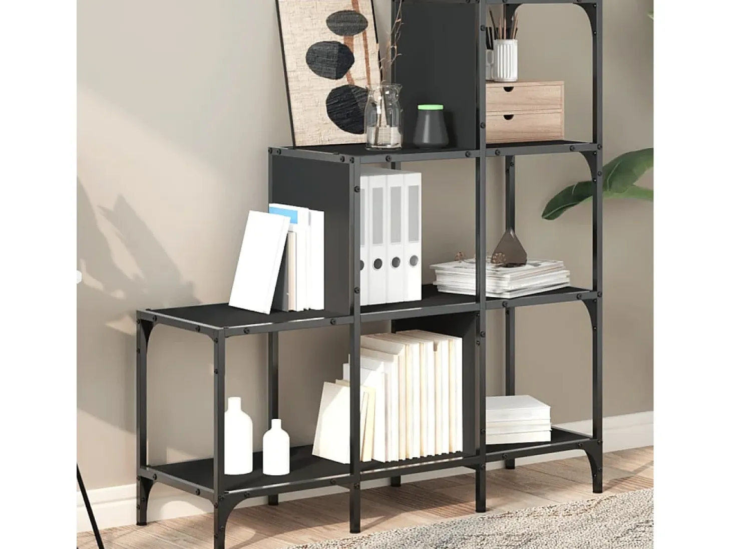 Rylanor Estantería de madera de ingeniería y metal negro 92x30x102 cm