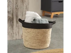 Set de 3 cestas Otilia de fibra natural y papel, negro/beige con asas