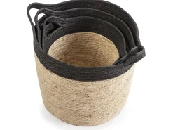 Set de 3 cestas Otilia de fibra natural y papel, negro/beige con asas
