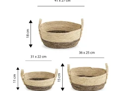 Set de 3 cestas Xiana de fibra natural con asas, blanco/marrón