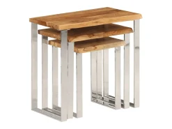 Set de 3 mesas apilables con borde natural madera maciza acacia