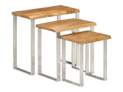 Set de 3 mesas apilables con borde natural madera maciza acacia