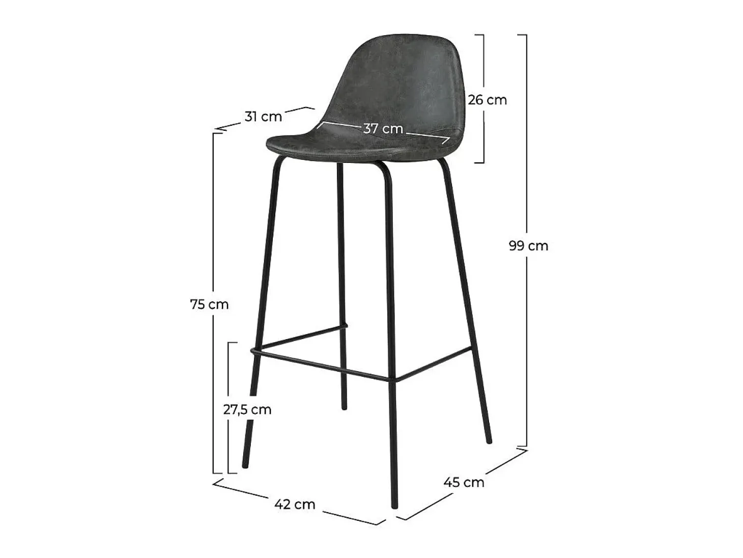 Set de 2 sillas de bar 75 cm en piel sintética gris/negro - Henrik