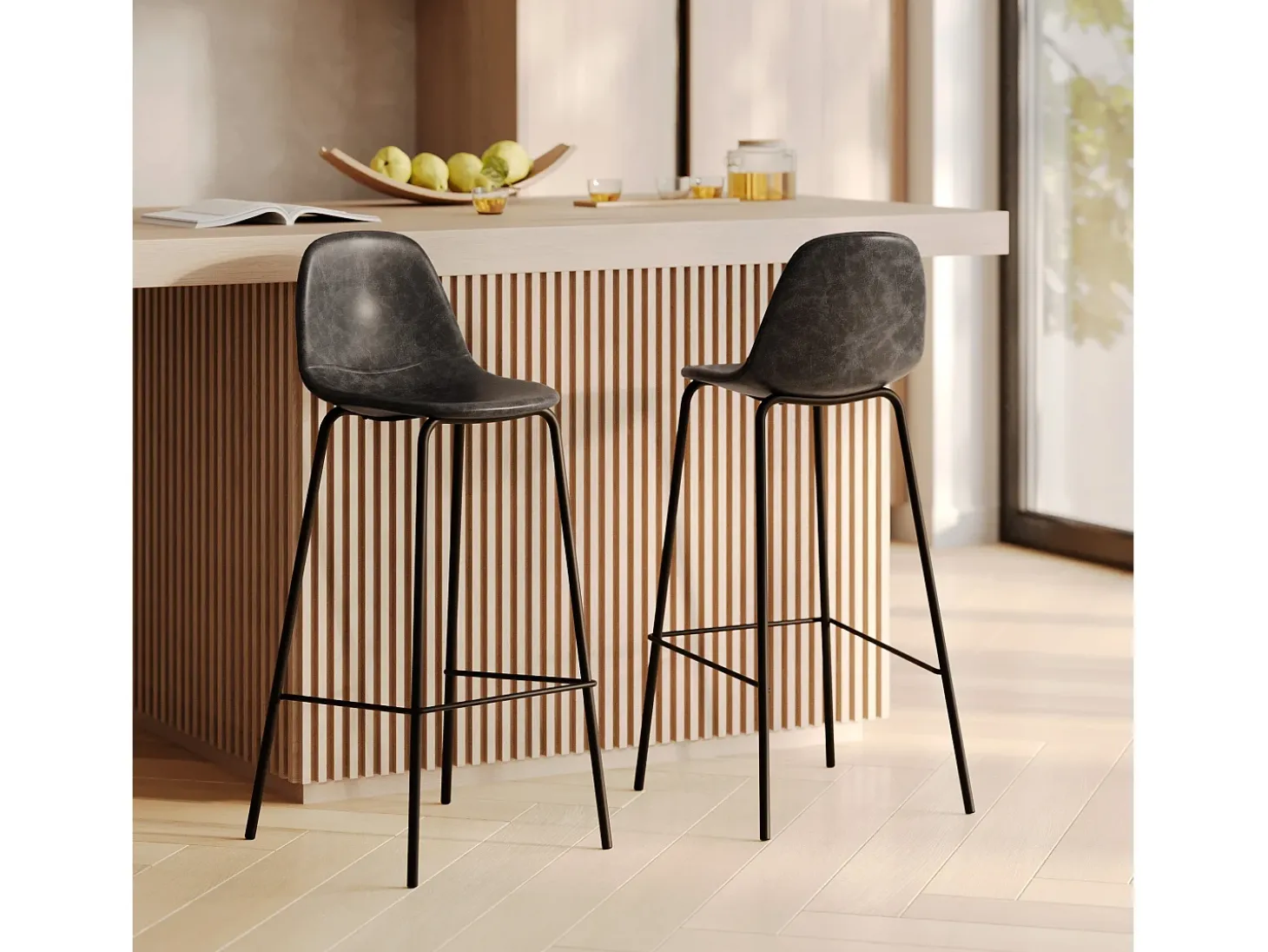 Set de 2 sillas de bar 75 cm en piel sintética gris/negro - Henrik