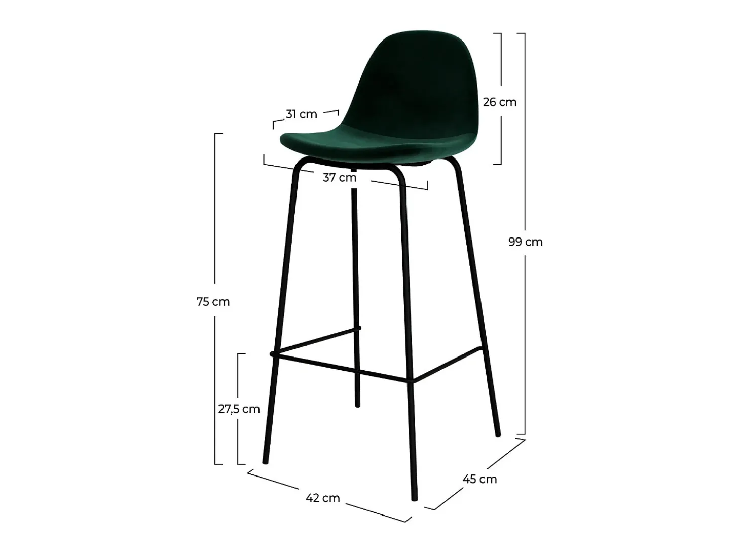 Set de 2 sillas de bar en terciopelo verde oscuro 75 cm - Henrik