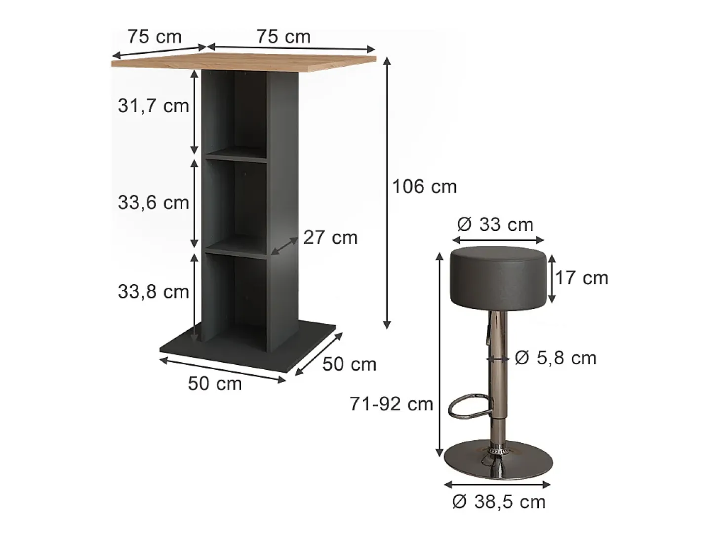 Set de mesa de bar oro power roble/antracita 75x75x106 repose