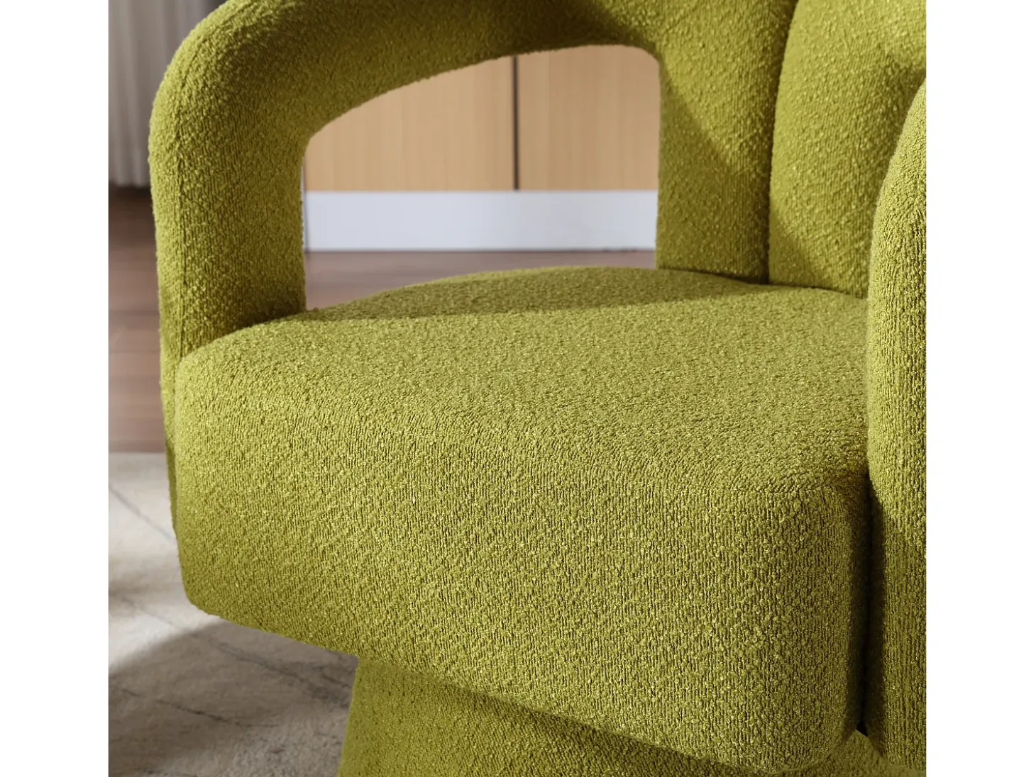 Silla giratoria 360°, sillón giratorio en tejido bouclé, sillón lounge con reposabrazos, sillón relax de respaldo alto con apoyabrazos