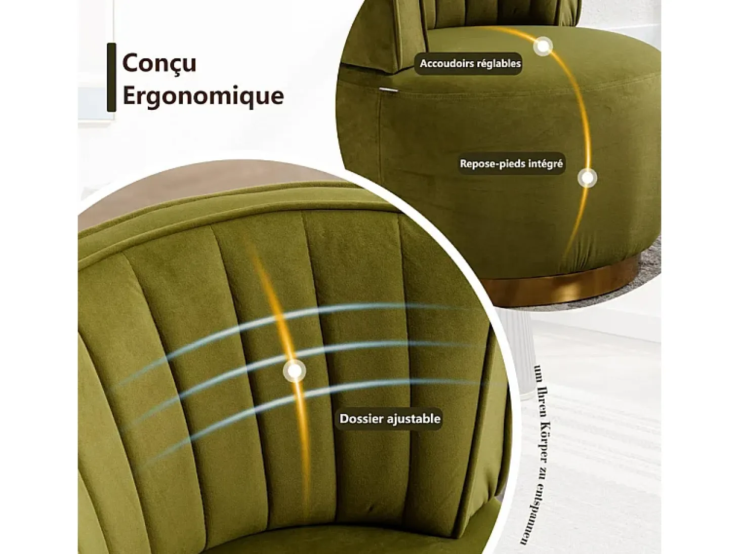 Silla giratoria redonda en tela de bucle verde oliva - respaldo ergonómico - máximo 150kg - 62.5x62x69.5cm