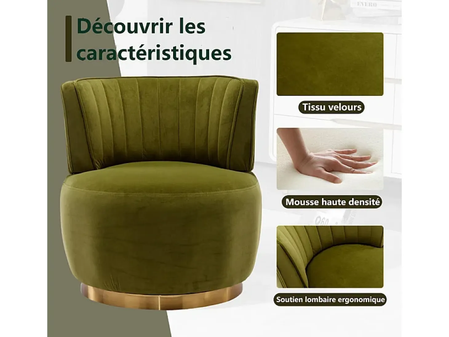 Silla giratoria redonda en tela de bucle verde oliva - respaldo ergonómico - máximo 150kg - 62.5x62x69.5cm