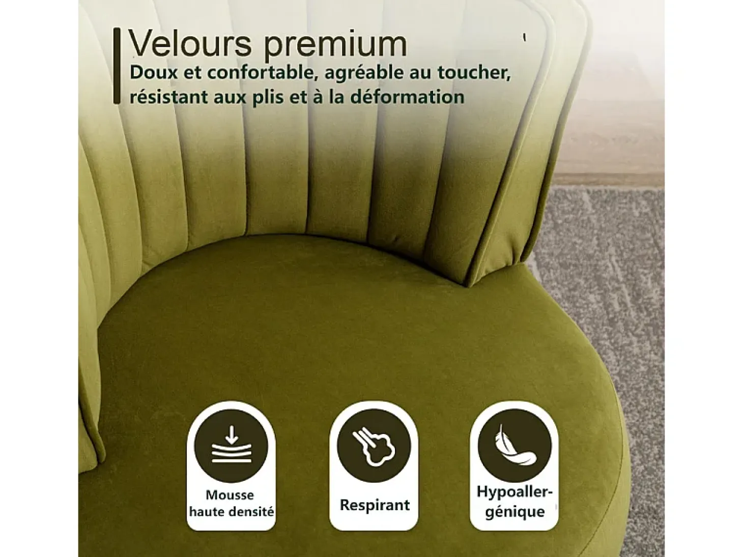 Silla giratoria redonda en tela de bucle verde oliva - respaldo ergonómico - máximo 150kg - 62.5x62x69.5cm