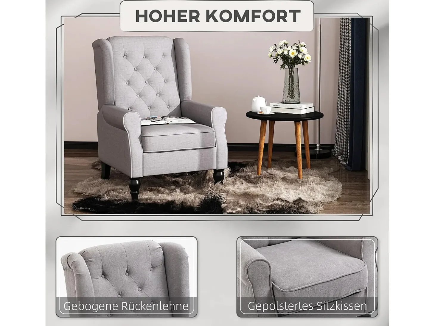 Sillón almohada con tapizado, patas de madera, poliéster, color gris (74x86x102cm)