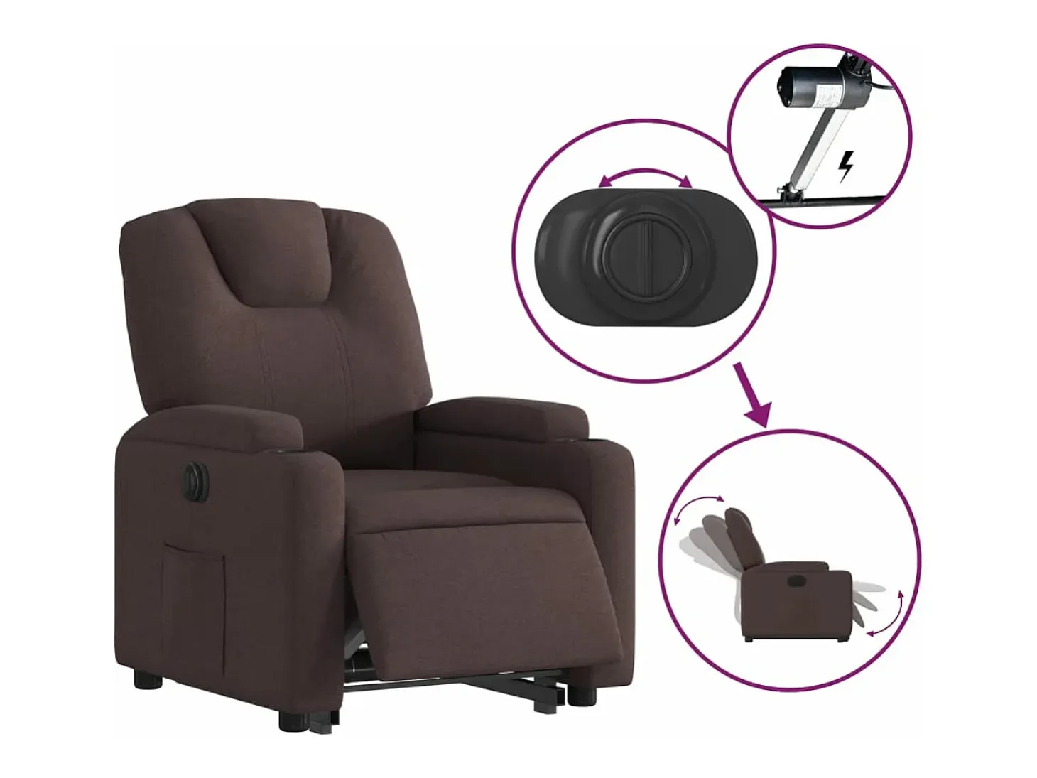 Sillón eléctrico reclinable elevable de tela marrón oscuro