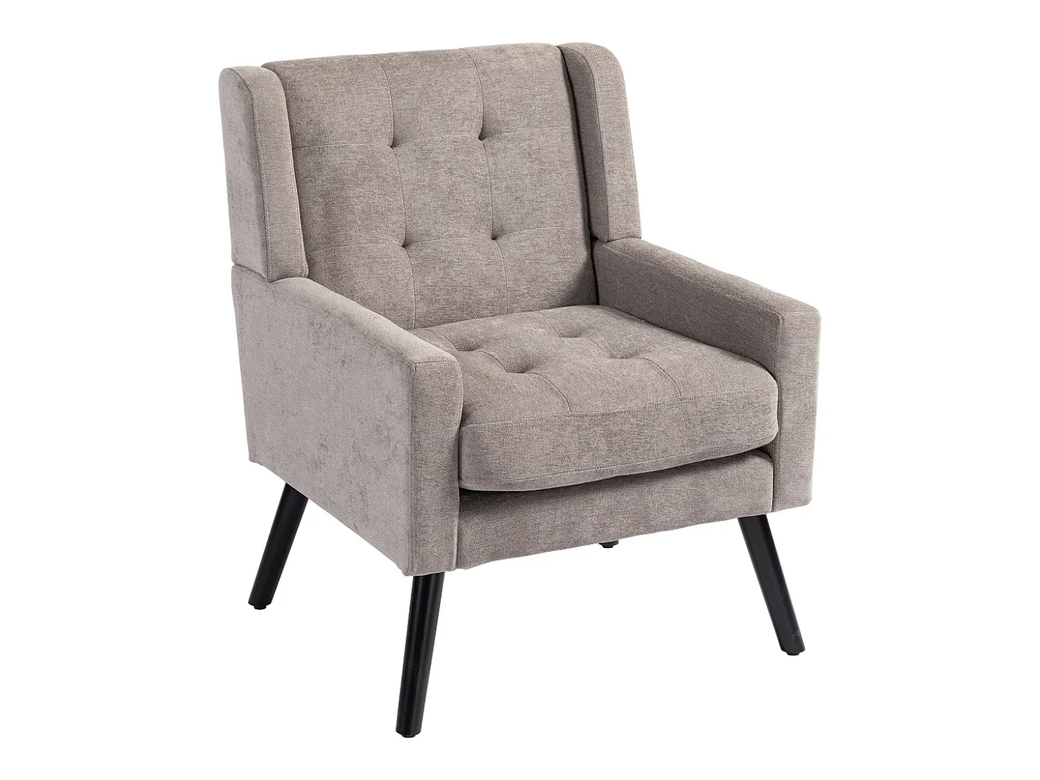 Sillón en tejido de lino gris claro con patas de madera.