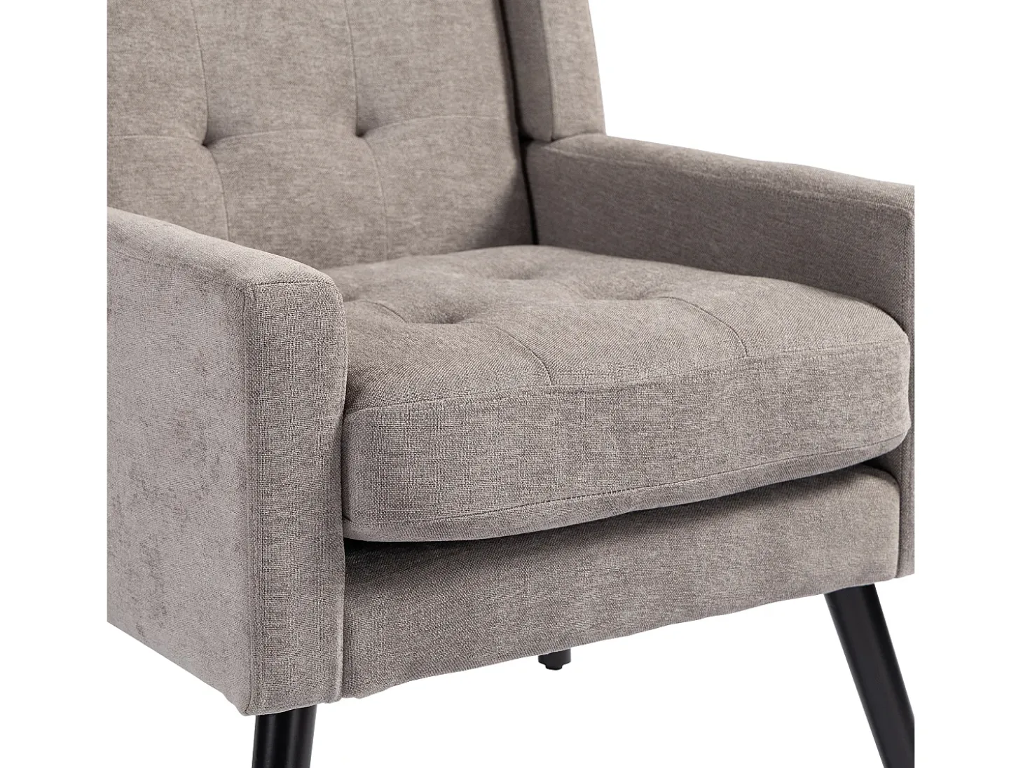 Sillón en tejido de lino gris claro con patas de madera.
