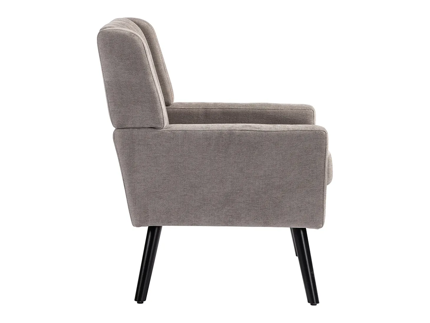 Sillón en tejido de lino gris claro con patas de madera.