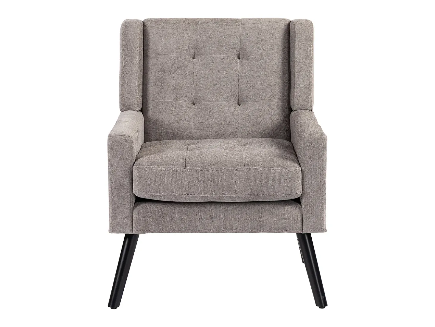 Sillón en tejido de lino gris claro con patas de madera.