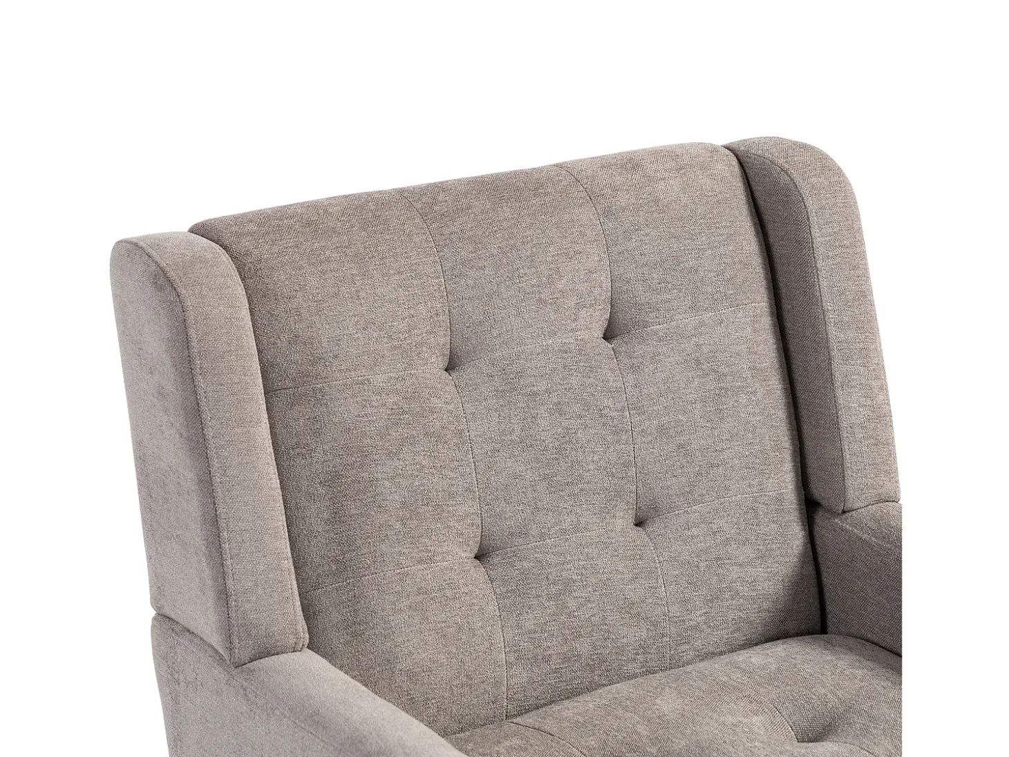 Sillón en tejido de lino gris claro con patas de madera.