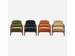 Sillón escandinavo de madera de hevea teñida de nogal y tela de