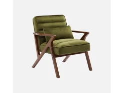 Sillón escandinavo de madera de hevea y terciopelo verde kaki