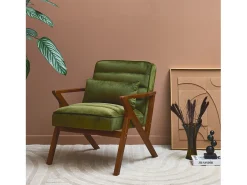 Sillón escandinavo de madera de hevea y terciopelo verde kaki