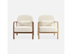 Sillón escandinavo de madera de hevea y borreguito crema