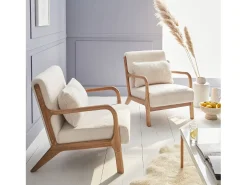 Sillón escandinavo de madera y tela borreguito crema
