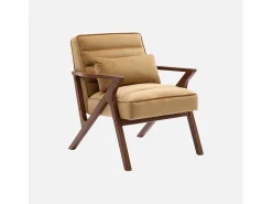 Sillón escandinavo de madera de hevea y terciopelo camel