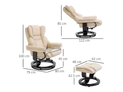 Sillón giratorio con otomana, función reclinable, piel sintética, color crema (80x79x100 cm)