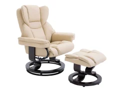 Sillón giratorio con otomana, función reclinable, piel sintética, color crema (80x79x100 cm)