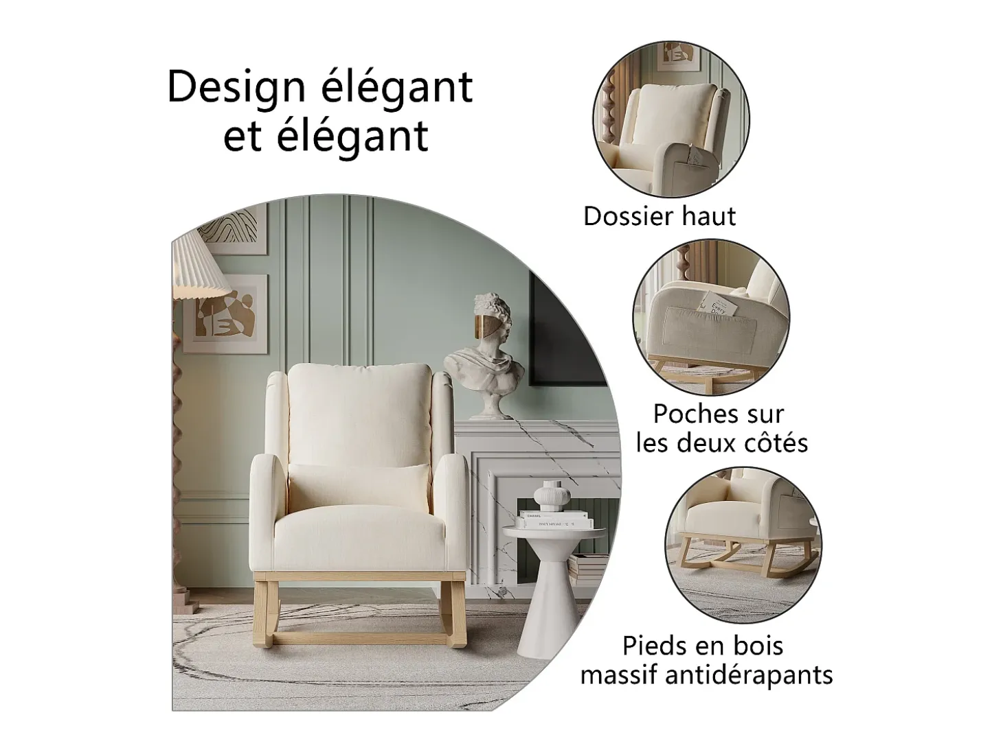 Sillón, mecedora con cojín, silla de ocio, adecuada para sala de estar, dormitorio, balcón, lino, beige.