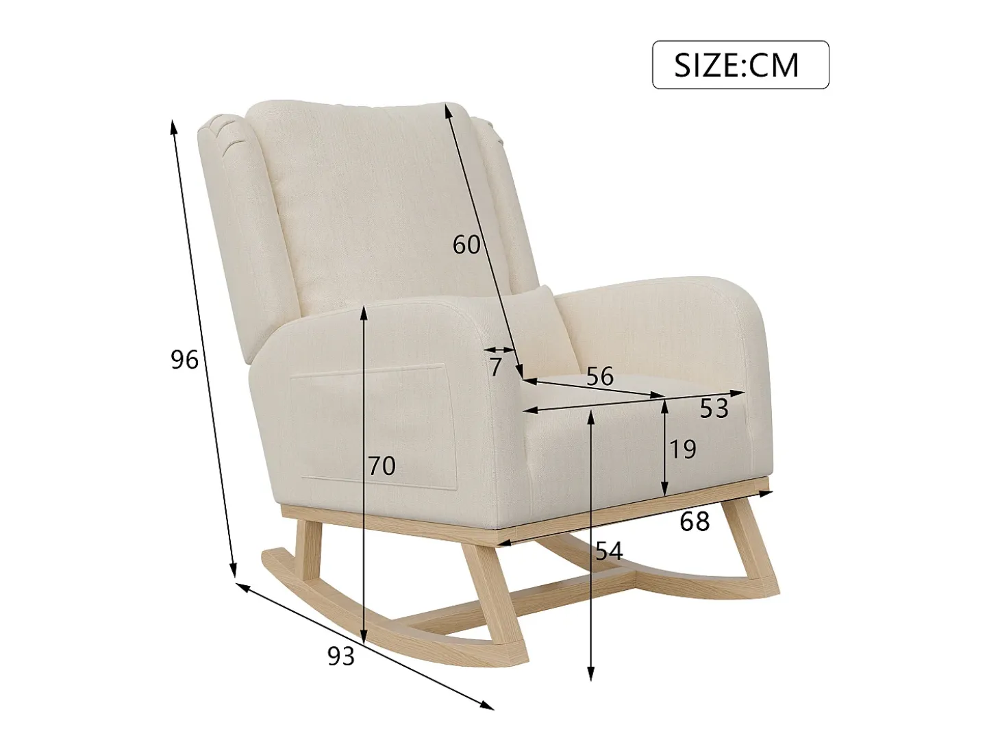 Sillón, mecedora con cojín, silla de ocio, adecuada para sala de estar, dormitorio, balcón, lino, beige.
