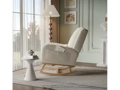 Sillón, mecedora con cojín, silla de ocio, adecuada para sala de estar, dormitorio, balcón, lino, beige.