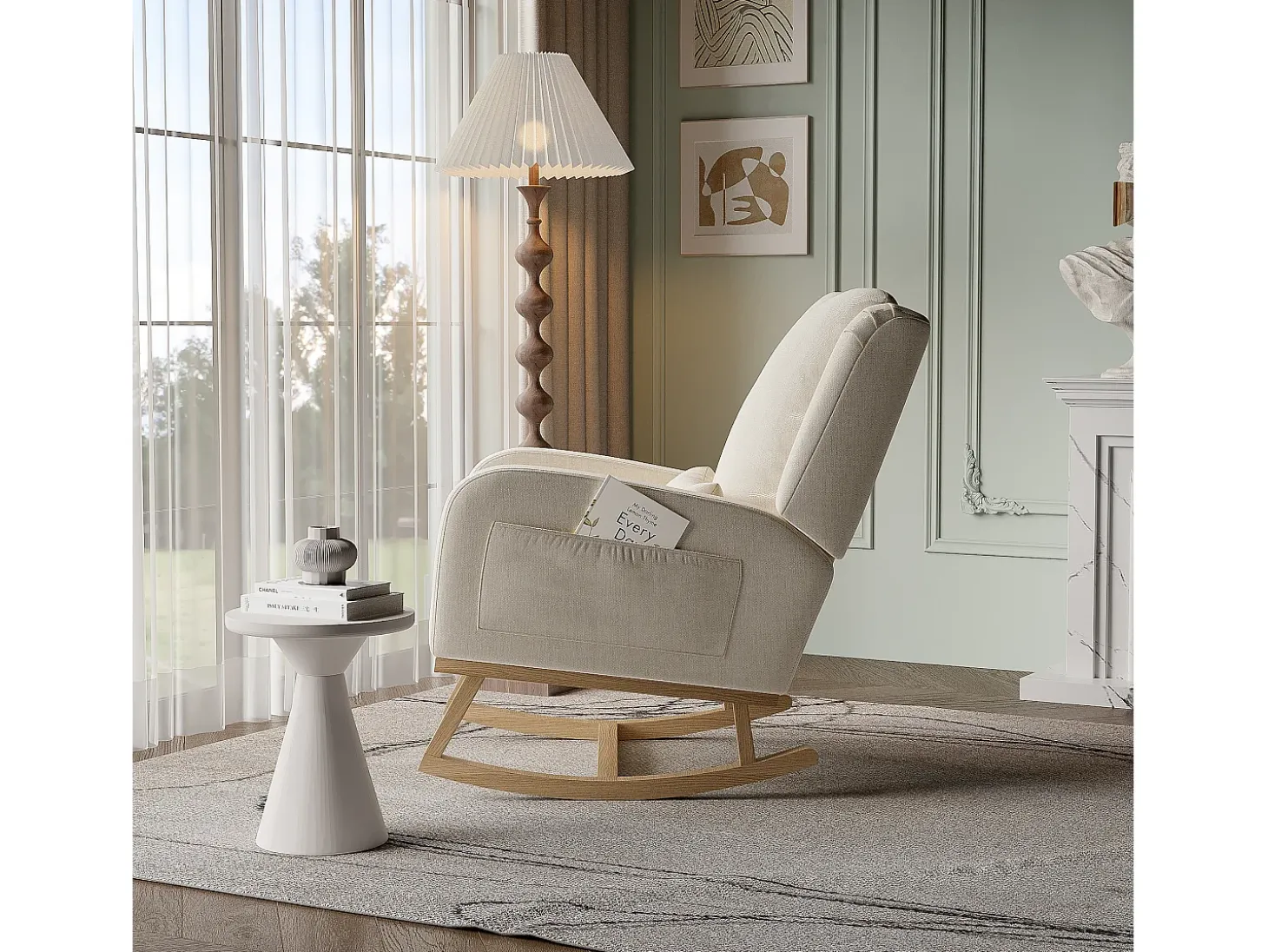 Sillón, mecedora con cojín, silla de ocio, adecuada para sala de estar, dormitorio, balcón, lino, beige.