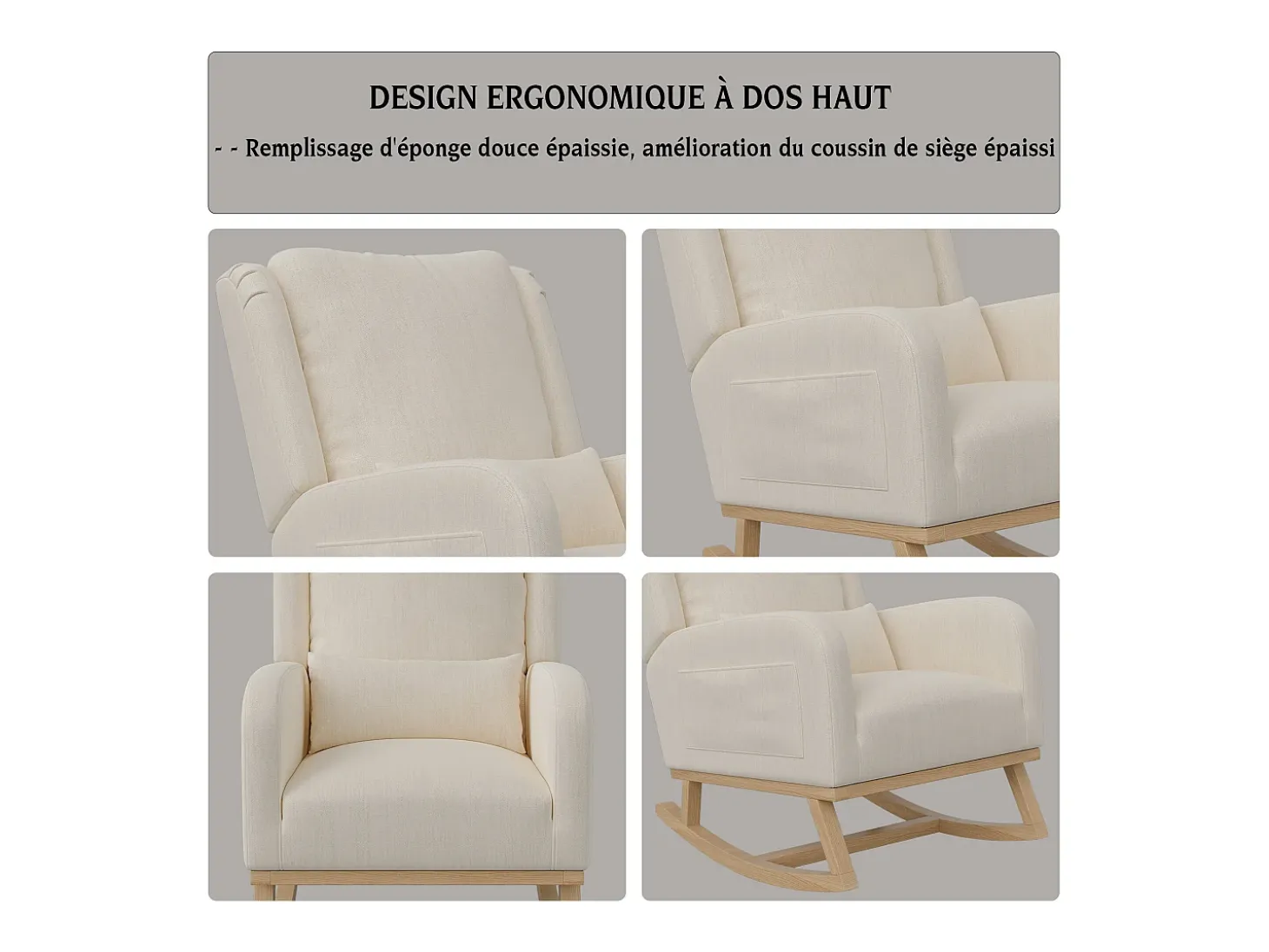 Sillón, mecedora con cojín, silla de ocio, adecuada para sala de estar, dormitorio, balcón, lino, beige.