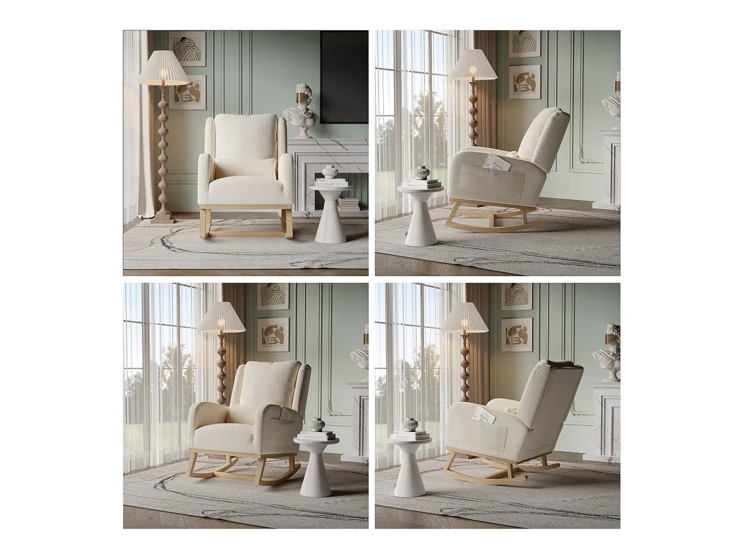 Sillón, mecedora con cojín, silla de ocio, adecuada para sala de estar, dormitorio, balcón, lino, beige.